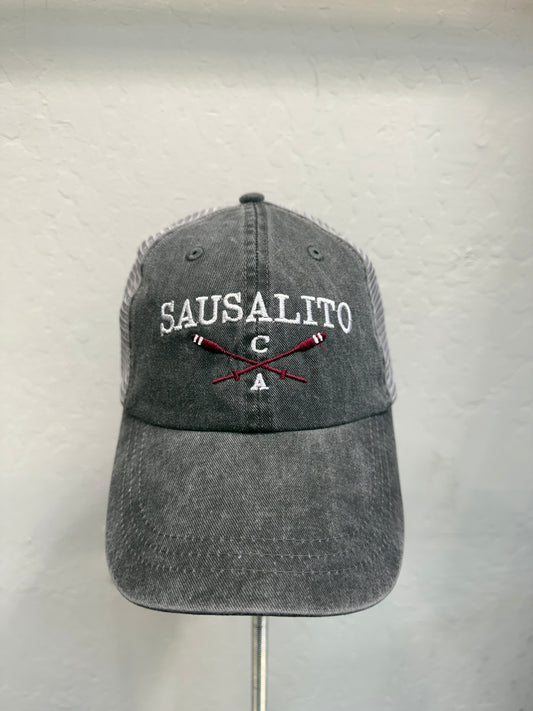 Sausalito CA Crossed Oars Over Washed Trucker Cotton And Mesh Cap