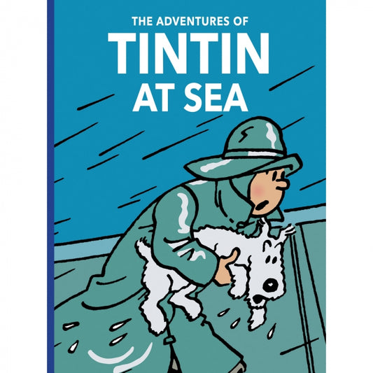 A picture of Tintin and Snowy on a boat in a storm. Tintin is wearing a raincoat and holding Snowy. The wind and rain is blowing to the left, while the drenched duo are headed right.