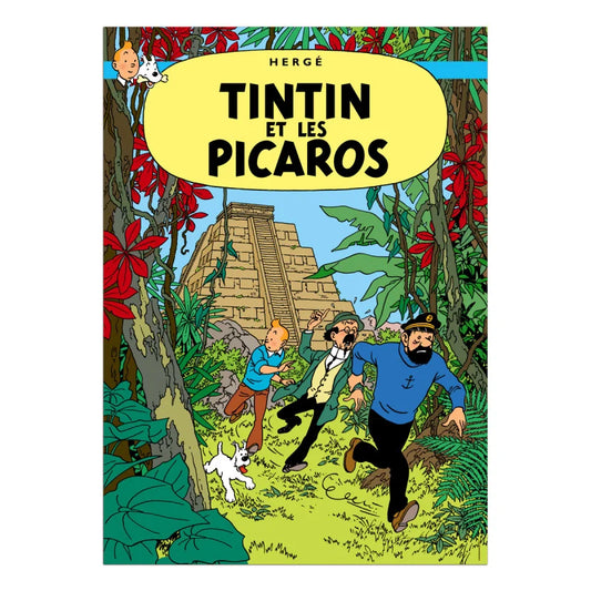 A picture of the cover of Tintin and the Picaros, titled in French as Tintin et les Picaros. The picture shows Tintin, Snowy, Professor Calculus, and Captain Haddock running through the jungle. Captain Haddock is pulling along a protesting Professor Calculus, while Tintin and Snowy are behind them. In the background is a Mesoamerican Pyramid.