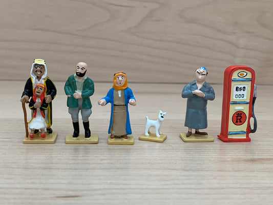 Set of six hand painted mini metal figures from Tintin Au Pays De L'or Noir (Tintin Land of Black Gold).